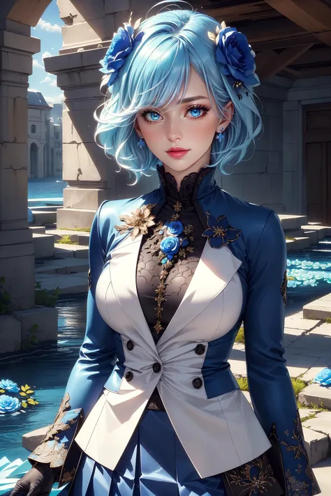 (masterpiece:1.3, realistic:1.3), best quality, ultra detailed, intricate, professional photography, HDR, High Dynamic Range, (8k UHD), RAW photo, dslr, realistic LUT, cinematic LUT, perfect lighting, professional lighting, cinematic lighting, cinematic shadows, iridescent lighting, high quality shadow, half-body shot, sharp focus, beautiful and aesthetic, looking gorgeous, iridescent colours, shiny, high quality texture, intricate details, detailed texture, finely detailed, high detail, (medium shot:1.3, long angle shot),
<lora:wrs11_genshinImpact_funina_v10:0.8>, FLN, gloves, blue hair, blue eyes, hair flower, hair_ornament, bangs, rose, skirt, blue clothes, dynamic pose, Sorcerer's dueling arena with spellcasting and elemental displays,