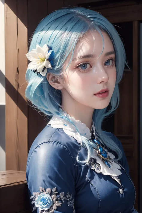 (detailed beautiful eyes and detailed face, masterpiece side light, masterpiece, highest quality, detailed, High resolution illustrations), (1 girl, beautiful girl, Shiny skin), (Sky Blue Hair, Pink eyes, skirt, ribbon, Button-down shirt)(Kneel on the ground)