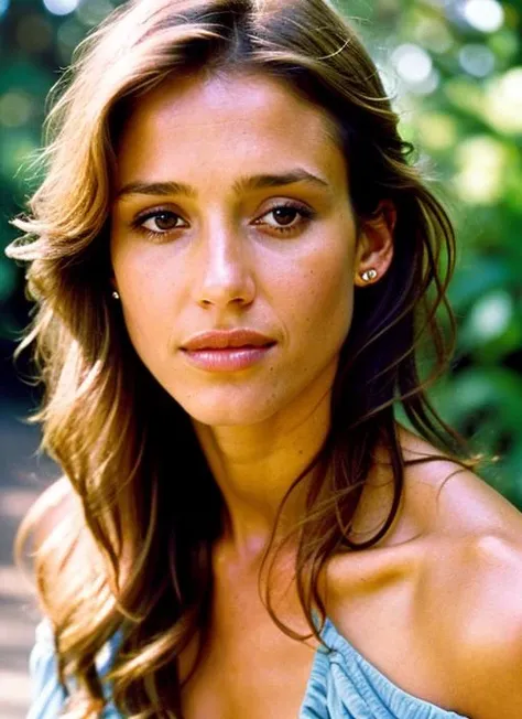 A stunning intricate color close up portrait of (sks woman:1) , wearing Off-the-shoulder dress, epic character composition, sharp focus, natural lighting, subsurface scattering, f2, 35mm, film grain, , by Imogen Cunningham, <lora:locon_jessicaalba_v1_from_v1_64_32:1>
