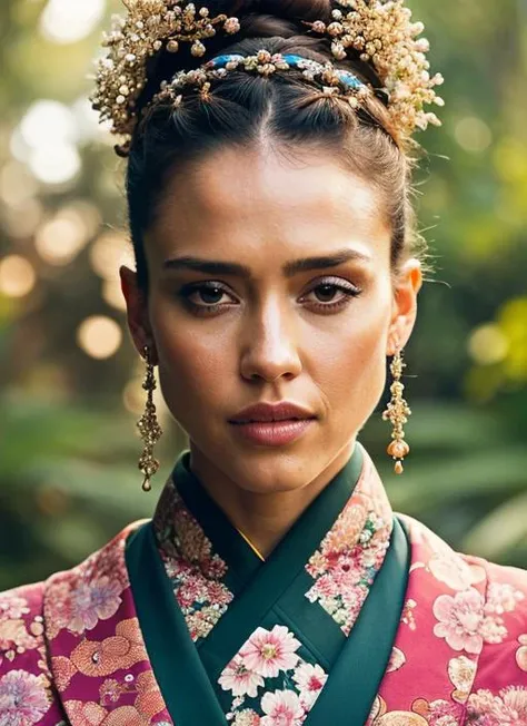A stunning intricate color close up portrait of (sks woman:1) , wearing Kimono and high-waisted pants, epic character composition, sharp focus, natural lighting, subsurface scattering, f2, 35mm, film grain, , by Jimmy Nelson, <lora:locon_jessicaalba_v1_from_v1_64_32:1>