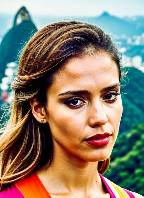 portrait of sks woman in Rio de Janeiro, at the Sugarloaf Mountain, by Flora Borsi, style by Flora Borsi, bold, bright colours, ((Flora Borsi)), by Dominique Issermann, <lora:locon_jessicaalba_v1_from_v1_64_32:1>