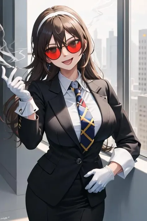 best quality, masterpiece, highres, solo, {black business suit:1.40}, {tie:1.20}, {sunglasses:1.25}, {white gloves:1.15}, {white shirt:1.10}, {black skirt:1.15}, {smoking:1.20}, handsome, {ashigara_kantaicollection:1.15}, long_hair, brown_hair, brown_eyes, hairband, breasts, smile, open_mouth, wavy_hair, blush, large_breasts, hair_between_eyes