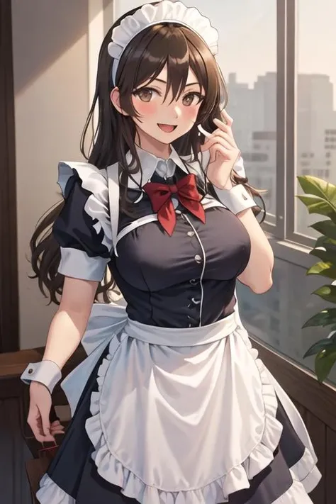 best quality, masterpiece, highres, solo, {maid:1.40}, {long maid dress:1.15}, {ashigara_kantaicollection:1.15}, long_hair, brown_hair, brown_eyes, hairband, breasts, smile, open_mouth, wavy_hair, blush, large_breasts, hair_between_eyes