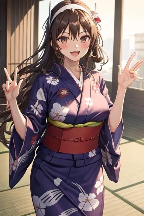best quality, masterpiece, highres, solo, {yukata:1.40}, {kimono:1.20}, {ashigara_kantaicollection:1.15}, long_hair, brown_hair, brown_eyes, hairband, breasts, smile, open_mouth, wavy_hair, blush, large_breasts, hair_between_eyes