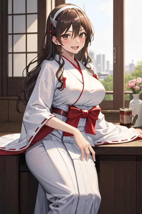 best quality, masterpiece, highres, solo, {white kimono:1.35}, {red hakama:1.35}, {wide sleeves:1.20}, {ashigara_kantaicollection:1.15}, long_hair, brown_hair, brown_eyes, hairband, breasts, smile, open_mouth, wavy_hair, blush, large_breasts, hair_between_eyes