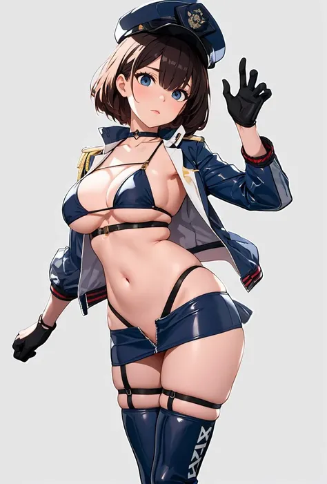((masterpiece, best_quality)), (photorealistic:1.4), solo, 1 girl, white_background, white_hair, short_hair, zettai_ryouiki,(black big ribbon accessories at the back of head), (red jacket with sleeves rolled), toggle button pin buckle, ((ocean blue colour) mini pleated skirt with a slit in the front), high heels boots, belly, crotch gap, cameltoe ,shiny skin, sweaty skin, nose blush, belt underboob,