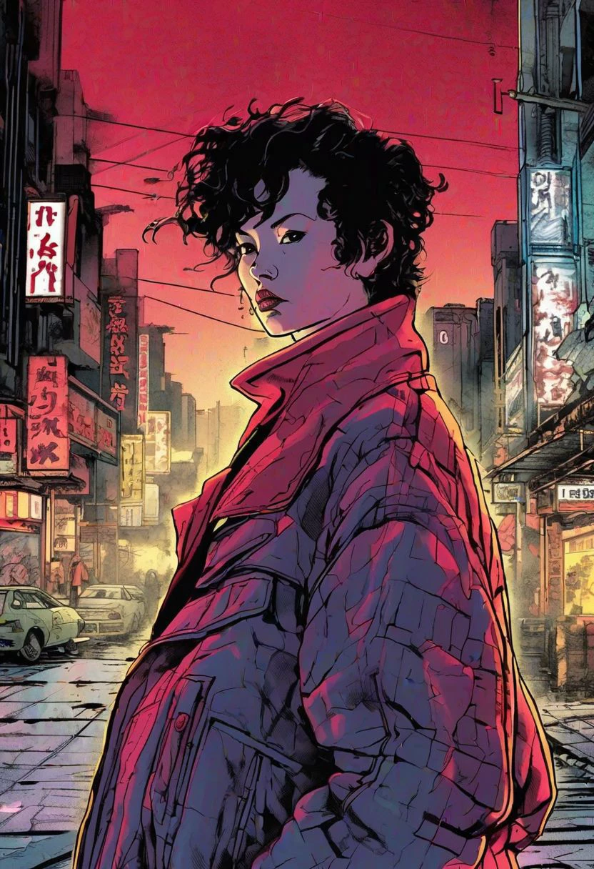 Comic Book Style: AKIRA NEO TOkYO
Drawing Style:
Semi-Realistic
Dynamic
Expressive
Coloring Style:
Muted Neo-Noir Palette
High Contrast
Atmospheric
Lighting Elements:
Neon Lights
Fog Diffusion
Limited Ambient Light