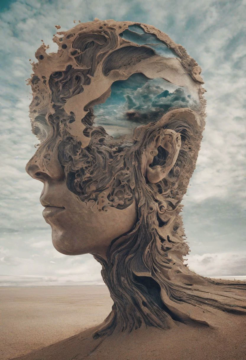 Create a caption for a frontal cross-section photo of a head, depicting surreal emptiness with only wind visible, swirling in a spiral through the head. Wind enters through one ear and exits through the other, evoking a surreal journey through the mind., (detailed facial features:0.2), high quality, professional photo, 28mm, (intricate detail), ((incredibly detailed skin:0.38)), Surreal Harmony, very detailed, atmospheric haze, Film grain, cinematic film still, shallow depth of field, highly detailed, high budget, cinemascope, moody, epic, OverallDetail, gorgeous, 2000s vintage RAW photo, photorealistic, candid camera, color graded cinematic, eye catchlights, atmospheric lighting, skin pores, imperfections, natural, shallow dof