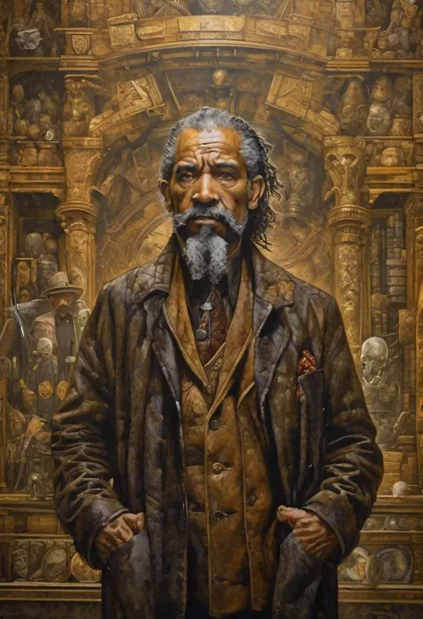 The old man, portrayed in the style of gritty urban realism by Smakang by Meeghaj Kadames, stands as a fusion of baroque sci-fi and influences from Adrian Paul Allinson, Tim Okamura, and Henry Ossawa Tanner. The symmetrical composition accentuates the lucid atmosphere surrounding him.