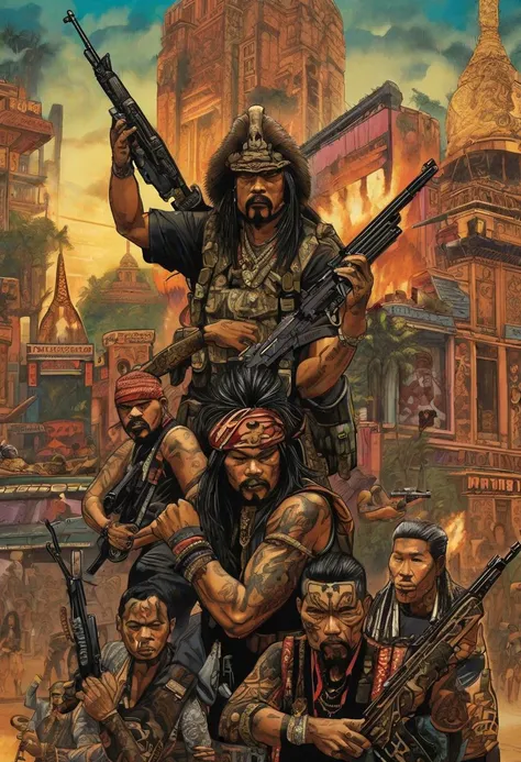 In the urban jungle near the Eiffel Tower, a mercenary group lurks, clad in chicano-inspired attire, their arms bristling with dangerous weaponry. Chinese iconography and Dayak tattoo art adorn their gear as they navigate the streets with a lethal grace. Pulsating darksynth music adds to the tension, reminiscent of characters from iconic album covers. Their presence, like a phantasmagoria poster, blends elements of realistic cityscapes, indigenous culture, emotive portraits, Cambodian art, American tonalist, furaffinity, and yankeecore influences