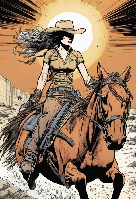 In the graphic novel style reminiscent of Frank Miller's iconic works, the scene unfolds with sketchy, bold line drawings that evoke a sense of raw energy and intensity. Utilizing inset panel-within-panel techniques, perspective shifts, and bleeding effects, the narrative takes on a dynamic and immersive quality.
The content of the scene is rich with vivid imagery: a horse, a lone girl, and the asymmetry of her full body riding the steed. The girl is depicted with beautiful pink lips, captivating blue eyes, and a stunning face framed by brown hair and tan skin. With her gaze directed at the viewer, she exudes determination as she runs through the desert of Eldorado under the hot, scorching sun.
The artist skillfully captures the physical exertion of the girl, rendering her sweaty and wet, her cowgirl dress clinging to her form. This evokes a sense of realism and adds to the intensity of the scene. Through meticulous attention to detail and the use of bold, expressive lines, the graphic novel transports the viewer into a world of action and adventure.