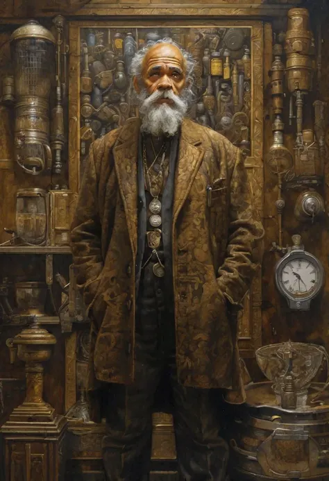 The old man, portrayed in the style of gritty urban realism by Smakang by Meeghaj Kadames, stands as a fusion of baroque sci-fi and influences from Adrian Paul Allinson, Tim Okamura, and Henry Ossawa Tanner. The symmetrical composition accentuates the lucid atmosphere surrounding him.