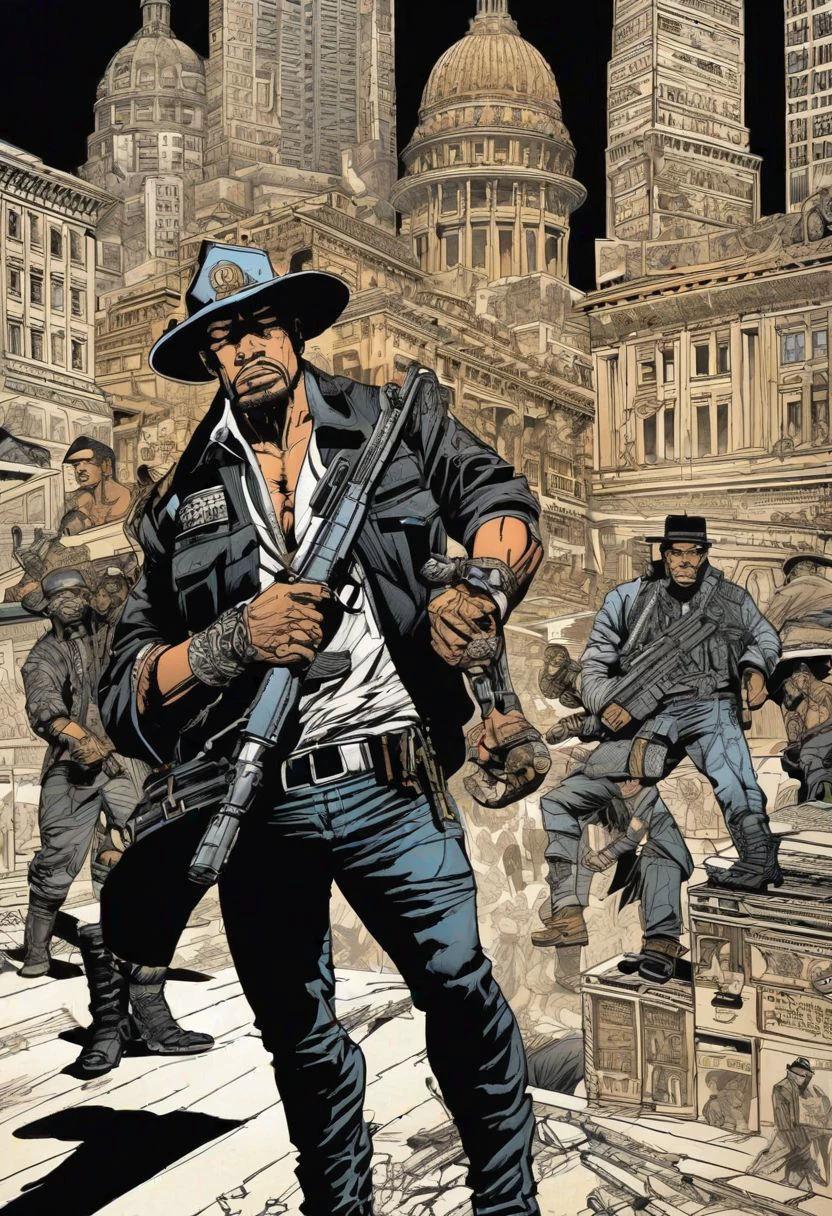 In the graphic novel style of Frank Miller, the urban jungle near the Eiffel Tower comes alive with bold, gritty artwork, capturing the presence of a mercenary group clad in chicano-inspired attire. Their arms bristle with dangerous weaponry, rendered with intricate detail and dynamic shading that adds depth to the scene. Chinese iconography and Dayak tattoo art adorn their gear, depicted with sharp lines and vibrant colors that pop against the dark, atmospheric backdrop.
The urban landscape is depicted with Frank Miller's signature style, featuring exaggerated perspectives and dramatic lighting that heighten the sense of tension and danger.
The mercenary group is rendered with exaggerated proportions and bold, dynamic poses, conveying their lethal grace and imposing presence on the page.
Pulsating darksynth music is represented visually through jagged sound waves and intense, dynamic lines that pulse with energy, adding to the overall atmosphere of the scene.
Elements of indigenous culture, emotive portraits, Cambodian art, American tonalist, furaffinity, and yankeecore influences are seamlessly integrated into the artwork, adding layers of depth and complexity to the narrative.
Crafted with the skill and attention to detail characteristic of Frank Miller's work, each panel captures the gritty realism and high-stakes action of the urban jungle, creating a vivid and immersive