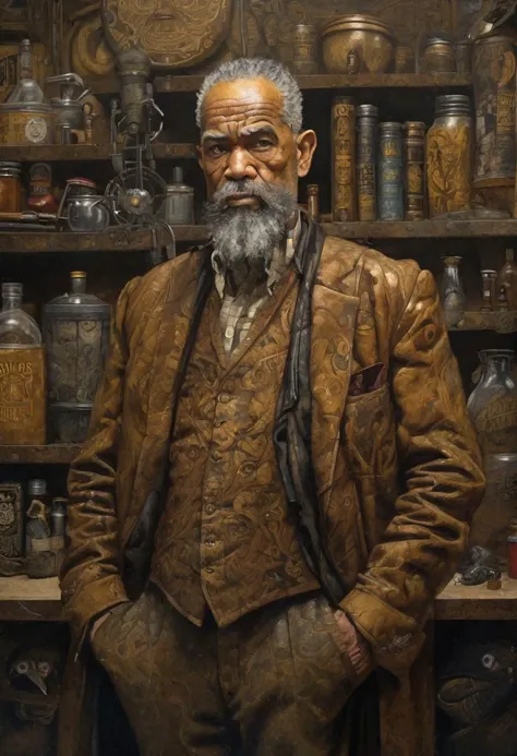 The old man, portrayed in the style of gritty urban realism by Smakang by Meeghaj Kadames, stands as a fusion of baroque sci-fi and influences from Adrian Paul Allinson, Tim Okamura, and Henry Ossawa Tanner. The symmetrical composition accentuates the lucid atmosphere surrounding him.