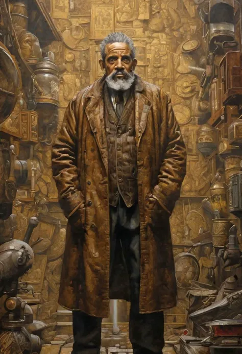 The old man, portrayed in the style of gritty urban realism by Smakang by Meeghaj Kadames, stands as a fusion of baroque sci-fi and influences from Adrian Paul Allinson, Tim Okamura, and Henry Ossawa Tanner. The symmetrical composition accentuates the lucid atmosphere surrounding him.