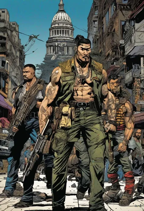 In the graphic novel style of Frank Miller, the urban jungle near the Eiffel Tower comes alive with bold, gritty artwork, capturing the presence of a mercenary group clad in chicano-inspired attire. Their arms bristle with dangerous weaponry, rendered with intricate detail and dynamic shading that adds depth to the scene. Chinese iconography and Dayak tattoo art adorn their gear, depicted with sharp lines and vibrant colors that pop against the dark, atmospheric backdrop.
The urban landscape is depicted with Frank Miller's signature style, featuring exaggerated perspectives and dramatic lighting that heighten the sense of tension and danger.
The mercenary group is rendered with exaggerated proportions and bold, dynamic poses, conveying their lethal grace and imposing presence on the page.
Pulsating darksynth music is represented visually through jagged sound waves and intense, dynamic lines that pulse with energy, adding to the overall atmosphere of the scene.
Elements of indigenous culture, emotive portraits, Cambodian art, American tonalist, furaffinity, and yankeecore influences are seamlessly integrated into the artwork, adding layers of depth and complexity to the narrative.
Crafted with the skill and attention to detail characteristic of Frank Miller's work, each panel captures the gritty realism and high-stakes action of the urban jungle, creating a vivid and immersive