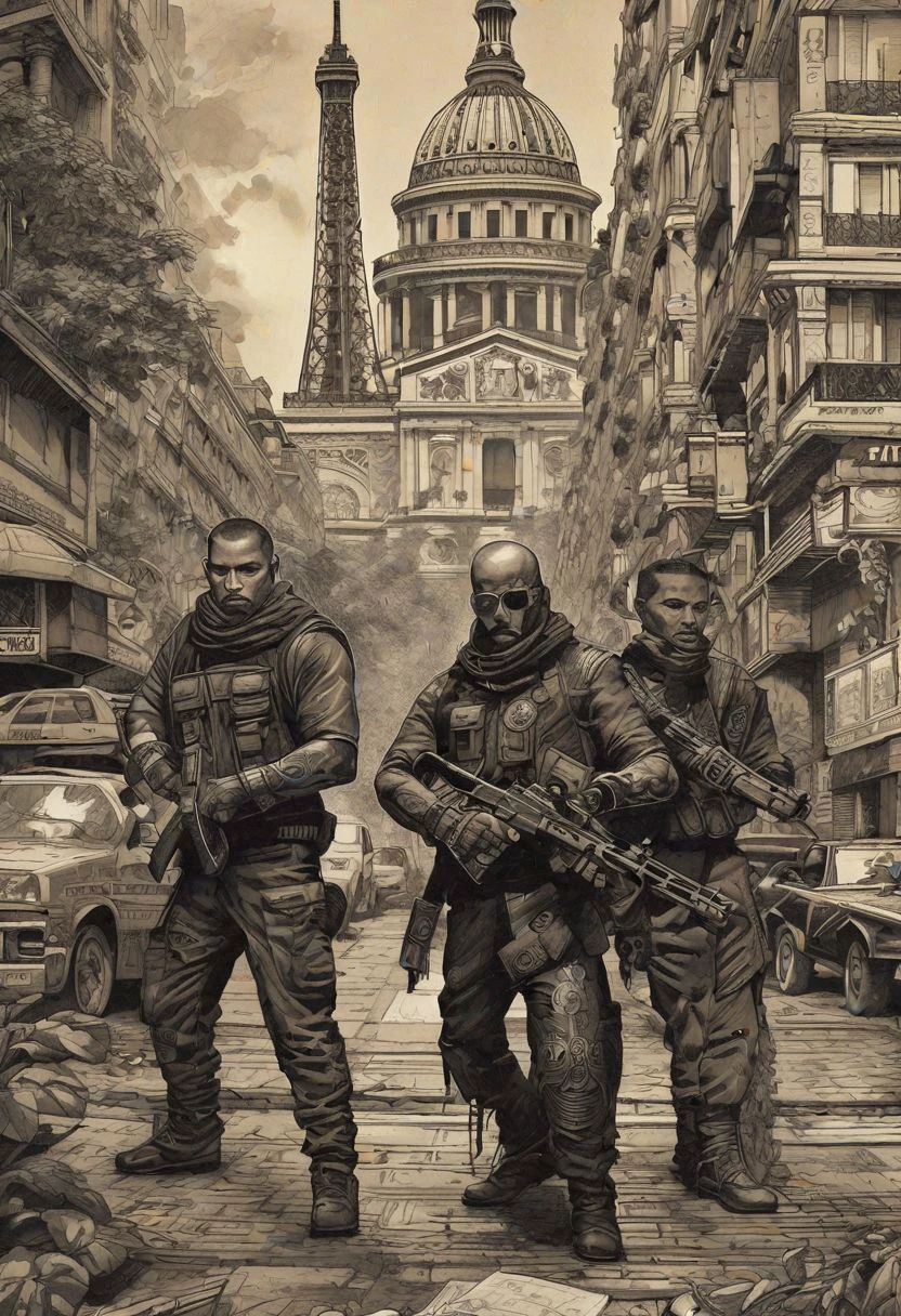 In the shadowy corners of the urban jungle near the Eiffel Tower, a mercenary group lurks, their arms bristling with dangerous weaponry. Clad in chicano-inspired attire, these enigmatic figures blend seamlessly into the cityscape, their layered portraits concealing their true intentions. With Chinese iconography adorning their gear and Dayak tattoo art etched onto their skin, they navigate the streets with a lethal grace. The pulsating beats of darksynth music accompany their every move, adding to the tension of their presence. Like characters from iconic album covers, they are both captivating and deadly, a force to be reckoned with in the heart of the city.