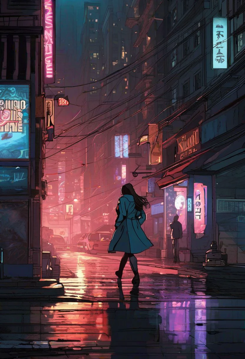 In the comic book style of Shadowheart and Selunite, the scene unfolds with vivid detail and atmosphere:
The protagonist, a lone girl, stands at the heart of a polished cityscape, her silhouette stark against the gleaming skyscrapers and neon-lit streets.
The city is shrouded in fog, adding an eerie and mysterious quality to the surroundings. The mist swirls around the girl, obscuring her features and hinting at hidden dangers lurking in the darkness.
Neon lights flicker and glow in the darkness, casting vibrant hues of blue, purple, and red across the urban landscape. The harsh artificial light creates stark contrasts against the shadows, emphasizing the sense of isolation and unease.
Despite the dazzling lights, darkness looms in the alleys and corners of the city, where unseen threats and secrets await. The interplay of light and shadow adds depth and drama to the scene, heightening the tension and intrigue.
Crafted with the meticulous attention to detail characteristic of Shadowheart and Selunite's work, each panel captures the haunting beauty and atmospheric depth of the city, drawing readers into a world where danger lurks around every corner.