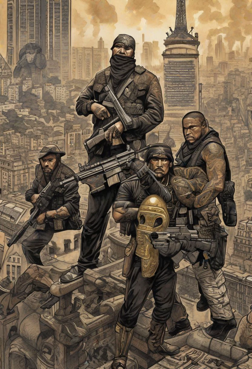 In the shadowy corners of the urban jungle near the Eiffel Tower, a mercenary group lurks, their arms bristling with dangerous weaponry. Clad in chicano-inspired attire, these enigmatic figures blend seamlessly into the cityscape, their layered portraits concealing their true intentions. With Chinese iconography adorning their gear and Dayak tattoo art etched onto their skin, they navigate the streets with a lethal grace. The pulsating beats of darksynth music accompany their every move, adding to the tension of their presence. Like characters from iconic album covers, they are both captivating and deadly, a force to be reckoned with in the heart of the city.