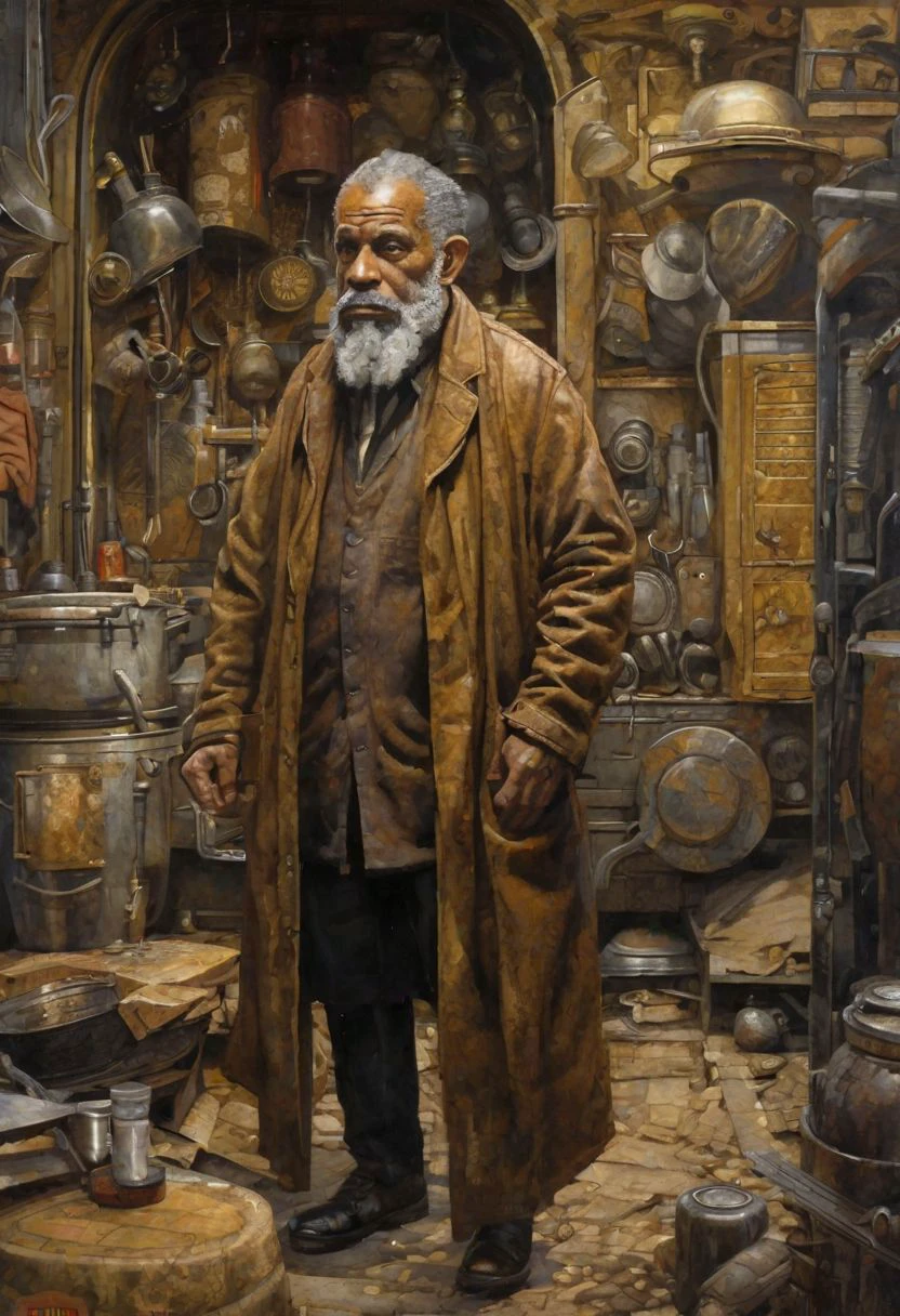 The old man, portrayed in the style of gritty urban realism by Smakang by Meeghaj Kadames, stands as a fusion of baroque sci-fi and influences from Adrian Paul Allinson, Tim Okamura, and Henry Ossawa Tanner. The symmetrical composition accentuates the lucid atmosphere surrounding him.