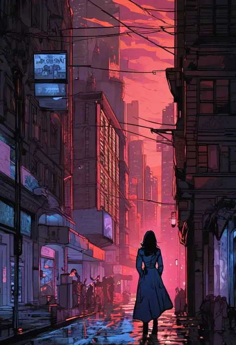 In the comic book style of Shadowheart and Selunite, the scene unfolds with vivid detail and atmosphere:
The protagonist, a lone girl, stands at the heart of a polished cityscape, her silhouette stark against the gleaming skyscrapers and neon-lit streets.
The city is shrouded in fog, adding an eerie and mysterious quality to the surroundings. The mist swirls around the girl, obscuring her features and hinting at hidden dangers lurking in the darkness.
Neon lights flicker and glow in the darkness, casting vibrant hues of blue, purple, and red across the urban landscape. The harsh artificial light creates stark contrasts against the shadows, emphasizing the sense of isolation and unease.
Despite the dazzling lights, darkness looms in the alleys and corners of the city, where unseen threats and secrets await. The interplay of light and shadow adds depth and drama to the scene, heightening the tension and intrigue.
Crafted with the meticulous attention to detail characteristic of Shadowheart and Selunite's work, each panel captures the haunting beauty and atmospheric depth of the city, drawing readers into a world where danger lurks around every corner.