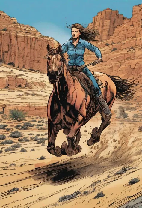 In the graphic novel style reminiscent of Frank Miller's iconic works, the scene unfolds with sketchy, bold line drawings that evoke a sense of raw energy and intensity. Utilizing inset panel-within-panel techniques, perspective shifts, and bleeding effects, the narrative takes on a dynamic and immersive quality.
The content of the scene is rich with vivid imagery: a horse, a lone girl, and the asymmetry of her full body riding the steed. The girl is depicted with beautiful pink lips, captivating blue eyes, and a stunning face framed by brown hair and tan skin. With her gaze directed at the viewer, she exudes determination as she runs through the desert of Eldorado under the hot, scorching sun.
The artist skillfully captures the physical exertion of the girl, rendering her sweaty and wet, her cowgirl dress clinging to her form. This evokes a sense of realism and adds to the intensity of the scene. Through meticulous attention to detail and the use of bold, expressive lines, the graphic novel transports the viewer into a world of action and adventure.