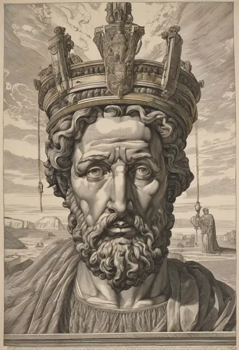 Damocles, portrayed with striking detail and depth, emerges from the canvas, a figure of both awe and apprehension. His weathered visage, etched with the lines of wisdom and burden, reflects the weight of the world upon his shoulders. The artist, capturing the essence of his story, depicts Damocles with a sword suspended above his head by a single thread, a constant reminder of the precariousness of power and the ever-present threat of danger. His eyes, filled with a mixture of fear and resignation, speak volumes about the tumultuous journey he has endured. Despite the symmetrical composition surrounding him, there is a palpable tension in the air, as if at any moment, the sword may come crashing down, forever altering the course of his fate.