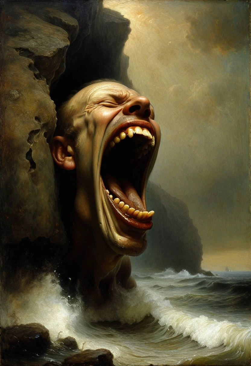 By Odd Nerdrum, big mouth screamer on a cliff in a cove