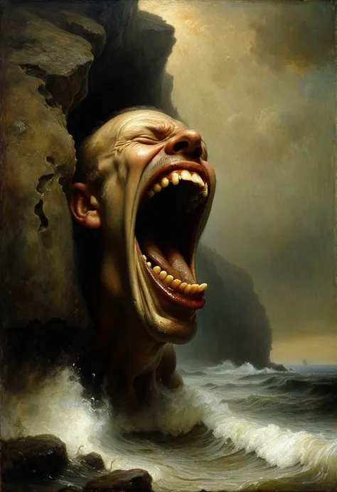 By Odd Nerdrum, big mouth screamer on a cliff in a cove