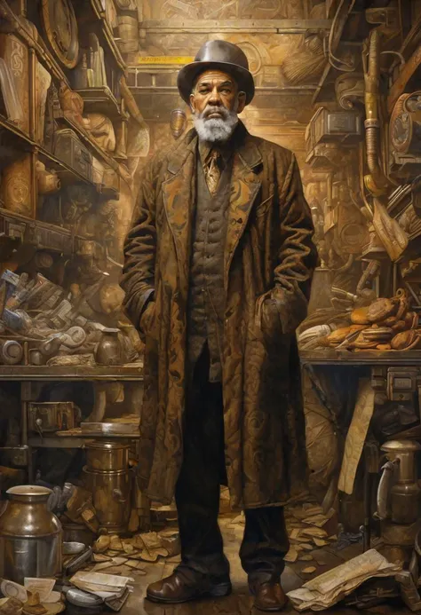 The old man, portrayed in the style of gritty urban realism by Smakang by Meeghaj Kadames, stands as a fusion of baroque sci-fi and influences from Adrian Paul Allinson, Tim Okamura, and Henry Ossawa Tanner. The symmetrical composition accentuates the lucid atmosphere surrounding him.