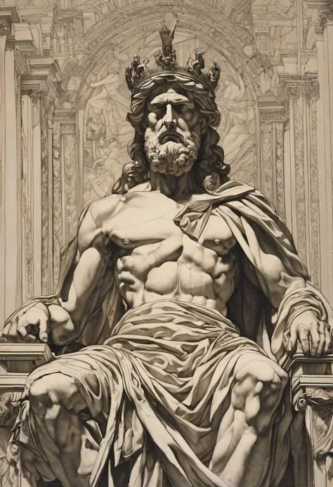 Damocles, portrayed with striking detail and depth, emerges from the canvas, a figure of both awe and apprehension. His weathered visage, etched with the lines of wisdom and burden, reflects the weight of the world upon his shoulders. The artist, capturing the essence of his story, depicts Damocles with a sword suspended above his head by a single thread, a constant reminder of the precariousness of power and the ever-present threat of danger. His eyes, filled with a mixture of fear and resignation, speak volumes about the tumultuous journey he has endured. Despite the symmetrical composition surrounding him, there is a palpable tension in the air, as if at any moment, the sword may come crashing down, forever altering the course of his fate.