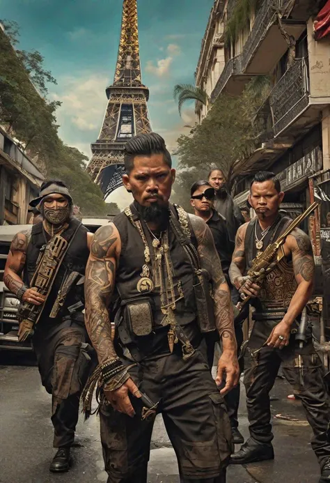 In the urban jungle near the Eiffel Tower, a mercenary group lurks, clad in chicano-inspired attire, their arms bristling with dangerous weaponry. Chinese iconography and Dayak tattoo art adorn their gear as they navigate the streets with a lethal grace. Pulsating darksynth music adds to the tension, reminiscent of characters from iconic album covers. Their presence, like a phantasmagoria poster, blends elements of realistic cityscapes, indigenous culture, emotive portraits, Cambodian art, American tonalist, furaffinity, and yankeecore influences