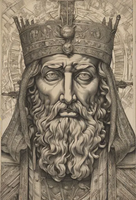 Damocles, portrayed with striking detail and depth, emerges from the canvas, a figure of both awe and apprehension. His weathered visage, etched with the lines of wisdom and burden, reflects the weight of the world upon his shoulders. The artist, capturing the essence of his story, depicts Damocles with a sword suspended above his head by a single thread, a constant reminder of the precariousness of power and the ever-present threat of danger. His eyes, filled with a mixture of fear and resignation, speak volumes about the tumultuous journey he has endured. Despite the symmetrical composition surrounding him, there is a palpable tension in the air, as if at any moment, the sword may come crashing down, forever altering the course of his fate.