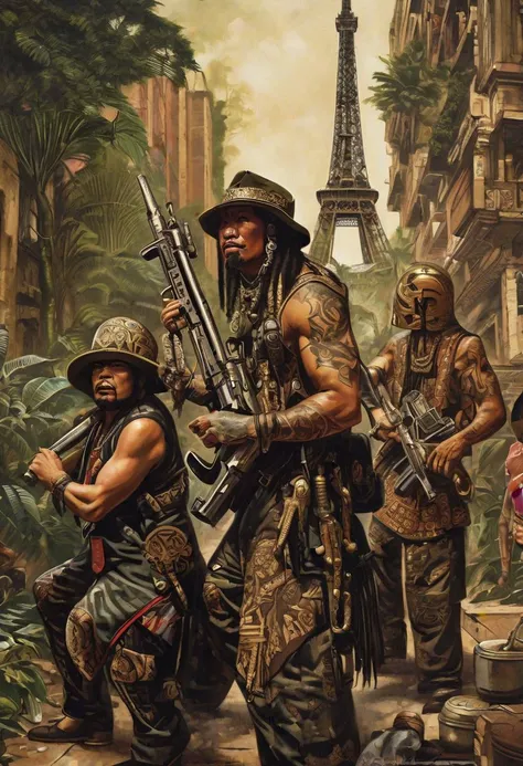 In the urban jungle near the Eiffel Tower, a mercenary group lurks, clad in chicano-inspired attire, their arms bristling with dangerous weaponry. Chinese iconography and Dayak tattoo art adorn their gear as they navigate the streets with a lethal grace. Pulsating darksynth music adds to the tension, reminiscent of characters from iconic album covers. Their presence, like a phantasmagoria poster, blends elements of realistic cityscapes, indigenous culture, emotive portraits, Cambodian art, American tonalist, furaffinity, and yankeecore influences