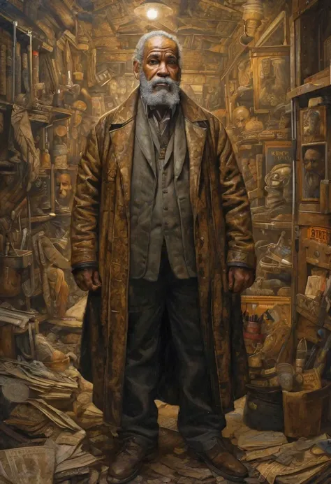 The old man, portrayed in the style of gritty urban realism by Smakang by Meeghaj Kadames, stands as a fusion of baroque sci-fi and influences from Adrian Paul Allinson, Tim Okamura, and Henry Ossawa Tanner. The symmetrical composition accentuates the lucid atmosphere surrounding him.