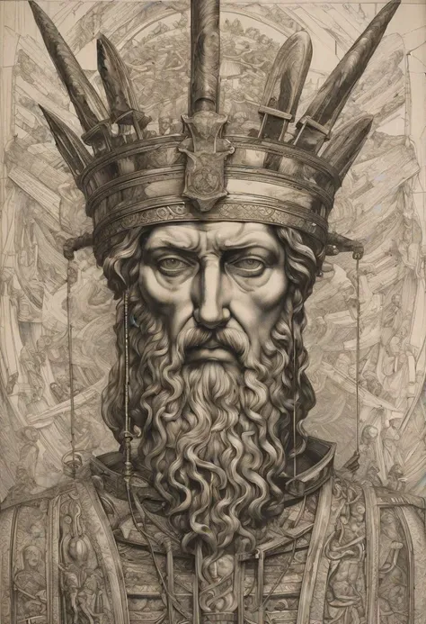 Damocles, portrayed with striking detail and depth, emerges from the canvas, a figure of both awe and apprehension. His weathered visage, etched with the lines of wisdom and burden, reflects the weight of the world upon his shoulders. The artist, capturing the essence of his story, depicts Damocles with a sword suspended above his head by a single thread, a constant reminder of the precariousness of power and the ever-present threat of danger. His eyes, filled with a mixture of fear and resignation, speak volumes about the tumultuous journey he has endured. Despite the symmetrical composition surrounding him, there is a palpable tension in the air, as if at any moment, the sword may come crashing down, forever altering the course of his fate.