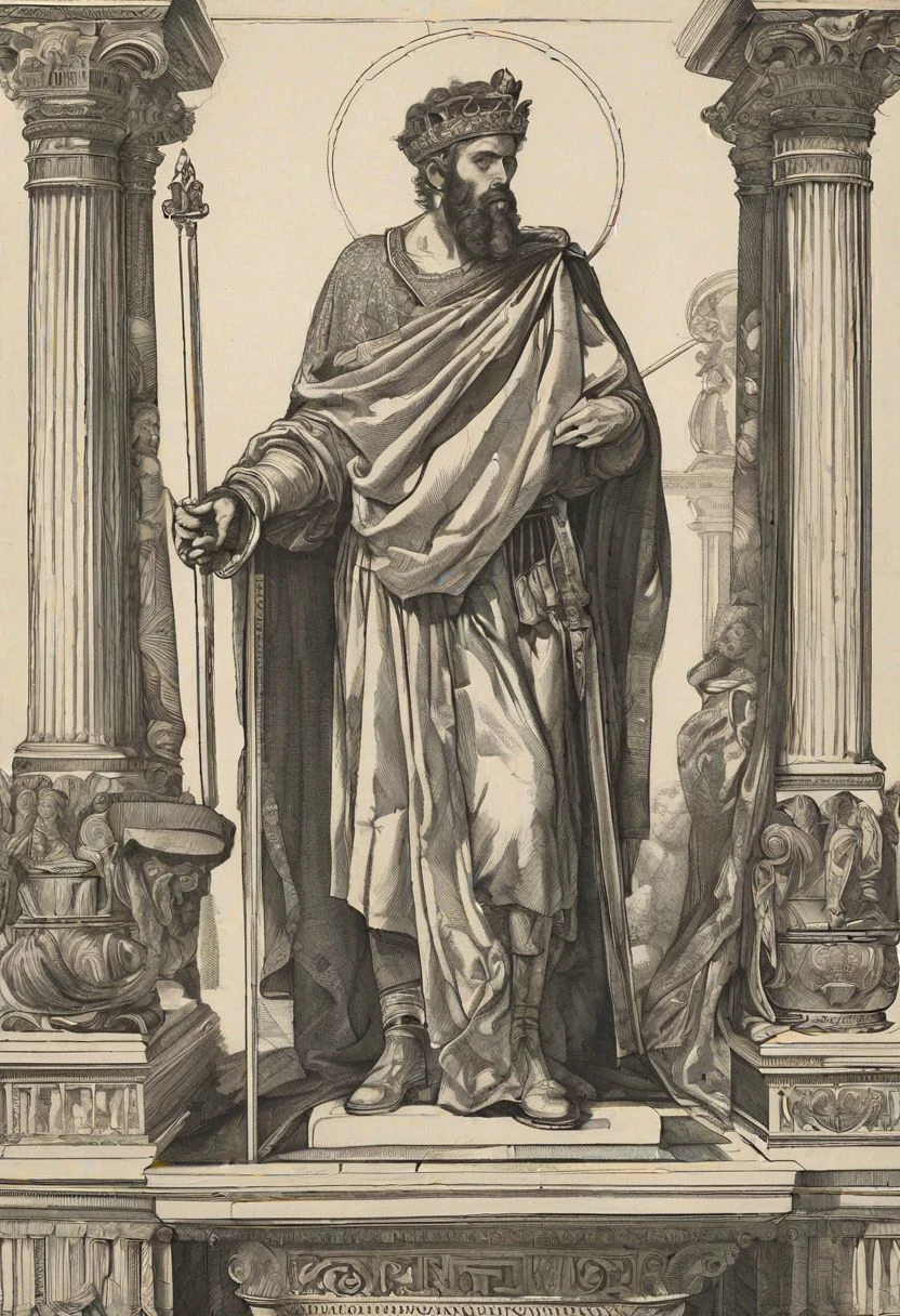 Damocles, portrayed with striking detail and depth, emerges from the canvas, a figure of both awe and apprehension. His weathered visage, etched with the lines of wisdom and burden, reflects the weight of the world upon his shoulders. The artist, capturing the essence of his story, depicts Damocles with a sword suspended above his head by a single thread, a constant reminder of the precariousness of power and the ever-present threat of danger. His eyes, filled with a mixture of fear and resignation, speak volumes about the tumultuous journey he has endured. Despite the symmetrical composition surrounding him, there is a palpable tension in the air, as if at any moment, the sword may come crashing down, forever altering the course of his fate.