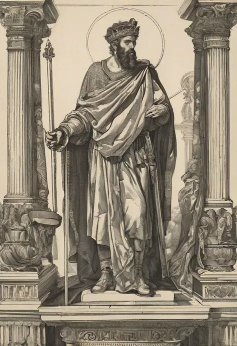 Damocles, portrayed with striking detail and depth, emerges from the canvas, a figure of both awe and apprehension. His weathered visage, etched with the lines of wisdom and burden, reflects the weight of the world upon his shoulders. The artist, capturing the essence of his story, depicts Damocles with a sword suspended above his head by a single thread, a constant reminder of the precariousness of power and the ever-present threat of danger. His eyes, filled with a mixture of fear and resignation, speak volumes about the tumultuous journey he has endured. Despite the symmetrical composition surrounding him, there is a palpable tension in the air, as if at any moment, the sword may come crashing down, forever altering the course of his fate.