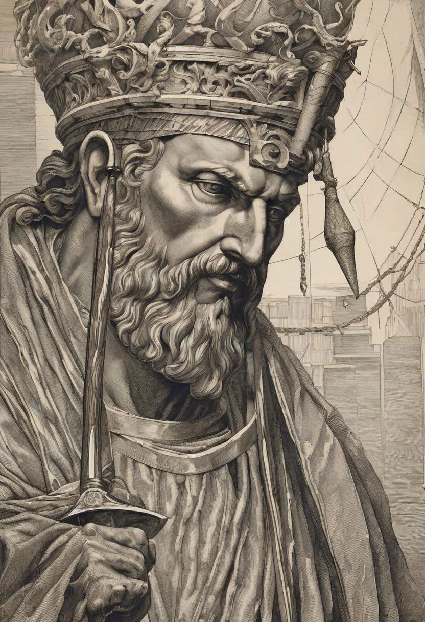 Damocles, portrayed with striking detail and depth, emerges from the canvas, a figure of both awe and apprehension. His weathered visage, etched with the lines of wisdom and burden, reflects the weight of the world upon his shoulders. The artist, capturing the essence of his story, depicts Damocles with a sword suspended above his head by a single thread, a constant reminder of the precariousness of power and the ever-present threat of danger. His eyes, filled with a mixture of fear and resignation, speak volumes about the tumultuous journey he has endured. Despite the symmetrical composition surrounding him, there is a palpable tension in the air, as if at any moment, the sword may come crashing down, forever altering the course of his fate.
