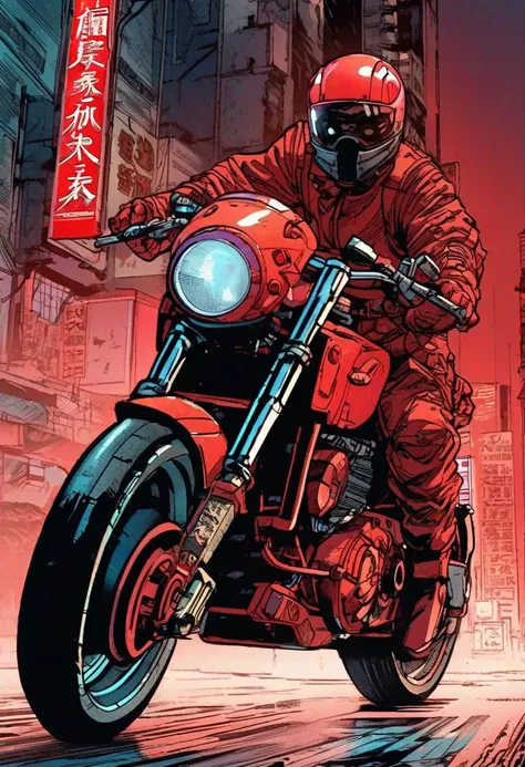 Comic Book Style: AKIRA NEO TOkYO
High speed chasing futuristic red motor bike Akira , with neo tokyo bandits
Drawing Style:
Semi-Realistic
Dynamic
Expressive
Coloring Style:
Muted Neo-Noir Palette
High Contrast
Atmospheric
Lighting Elements:
Neon Lights
Fog Diffusion
Limited Ambient Light