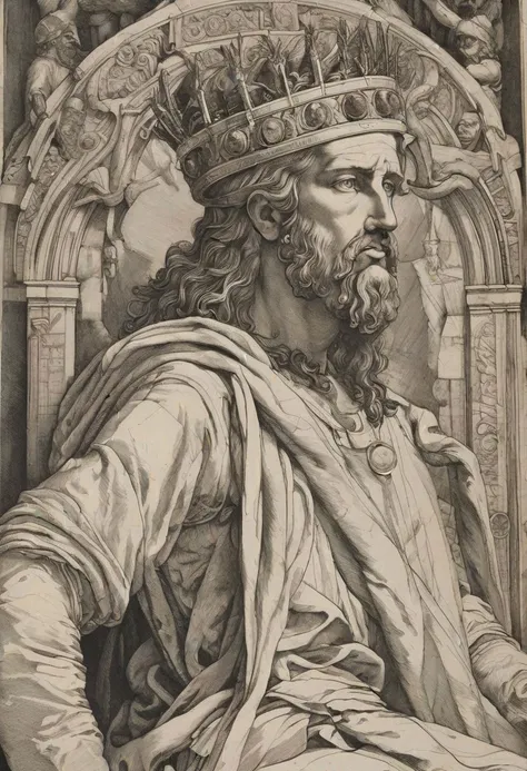 Damocles, portrayed with striking detail and depth, emerges from the canvas, a figure of both awe and apprehension. His weathered visage, etched with the lines of wisdom and burden, reflects the weight of the world upon his shoulders. The artist, capturing the essence of his story, depicts Damocles with a sword suspended above his head by a single thread, a constant reminder of the precariousness of power and the ever-present threat of danger. His eyes, filled with a mixture of fear and resignation, speak volumes about the tumultuous journey he has endured. Despite the symmetrical composition surrounding him, there is a palpable tension in the air, as if at any moment, the sword may come crashing down, forever altering the course of his fate.