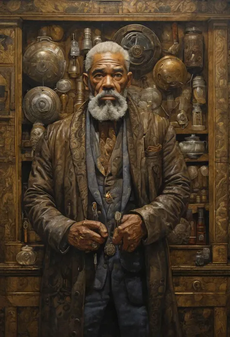 The old man, portrayed in the style of gritty urban realism by Smakang by Meeghaj Kadames, stands as a fusion of baroque sci-fi and influences from Adrian Paul Allinson, Tim Okamura, and Henry Ossawa Tanner. The symmetrical composition accentuates the lucid atmosphere surrounding him.