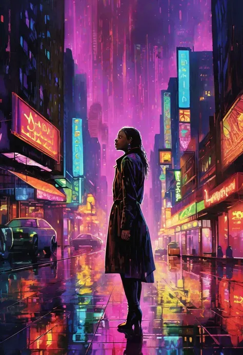 Neon Enigma: Splash Page
A lone girl stands defiant at the heart of a polished cityscape.  Her silhouette cuts a stark line against the gleaming skyscrapers, their windows ablaze with a thousand neon lights. The vibrant hues of blue, purple, and red bleed across the rain-slicked streets, creating a kaleidoscope of color on the wet pavement.
The city is shrouded in an ethereal fog. The swirling mist clings to the towering structures, obscuring their peaks and lending an air of mystery to the scene.  It washes over the girl, momentarily hiding her features and hinting at the unseen dangers that lurk in the darkness.
Neon signs flicker and bleed into the fog, casting an otherworldly glow.  Their garish promises advertise forgotten dreams in stark contrast to the girl's determined expression.  Raindrops trace luminous paths down the glass and metal surfaces, blurring the reflections and adding a touch of melancholy to the vibrant scene.
The girl's hand rests on the hilt of a weapon hidden beneath her cloak. Her twilight-colored eyes scan the shadowed alleys and towering buildings, a flicker of apprehension battling with a steely resolve.  The weight of the unknown hangs heavy in the damp air, yet she stands firm, ready to face whatever awaits her in this neon labyrinth.