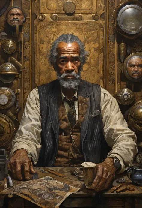 The old man, portrayed in the style of gritty urban realism by Smakang by Meeghaj Kadames, stands as a fusion of baroque sci-fi and influences from Adrian Paul Allinson, Tim Okamura, and Henry Ossawa Tanner. The symmetrical composition accentuates the lucid atmosphere surrounding him.