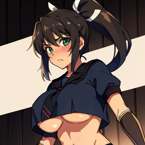 Homura, black ponytail, green eyes, tan1:1, large breasts, solo, upper body, slightly visible, fully body, blush, staring at viewer,
HoUni, black serafuku, midriff, pleated skirt, loose socks, underboob, short sleeves, crop top overhang ,shoes, hair ribbon, black panties, no bra, brown gauntlets,
(insanely detailed, beautiful detailed face, masterpiece, best quality) cinematic lighting, <lora:Homura-10:0.8>