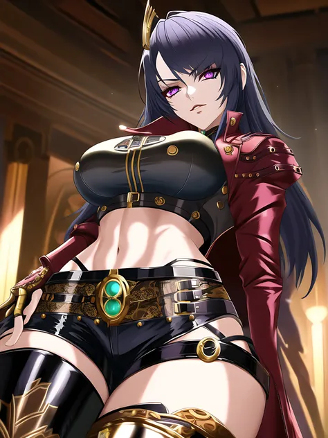 anime style steampunk detective woman with vivid alluring eyes wearing low rise pants thigh high boots crop top and jacket in a intricate clockwork city, thigh gap, evening, dark, atmospheric, mist, seductive, insanely detailed, masterpiece, best quality, hyper realistic, detailed face, detailed body, shiny skin