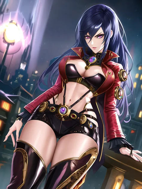 anime style steampunk detective woman with vivid alluring eyes wearing low rise pants thigh high boots crop top and jacket in a intricate clockwork city, thigh gap, evening, dark, atmospheric, mist, seductive, insanely detailed, masterpiece, best quality, hyper realistic, detailed face, detailed body, shiny skin