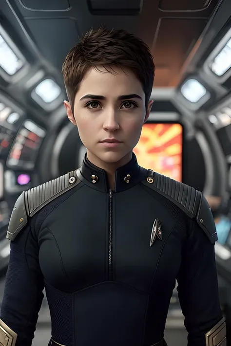 photo of (m3ln4avia:0.99), a woman as a star trek officer, modelshoot style, (extremely detailed CG unity 8k wallpaper), large breasts, photo of the most beautiful artwork in the world, professional majestic oil painting by Ed Blinkey, Atey Ghailan, Studio Ghibli, by Jeremy Mann, Greg Manchess, Antonio Moro, trending on ArtStation, trending on CGSociety, Intricate, High Detail, Sharp focus, dramatic, photorealistic painting art by midjourney and greg rutkowski, (sexy star trek uniform:1.1), (trousers), ((spaceship interior)), (crew members in background), (looking at viewer:1.2), (detailed pupils:1.3), (closeup:1.2), (short pixie hair)