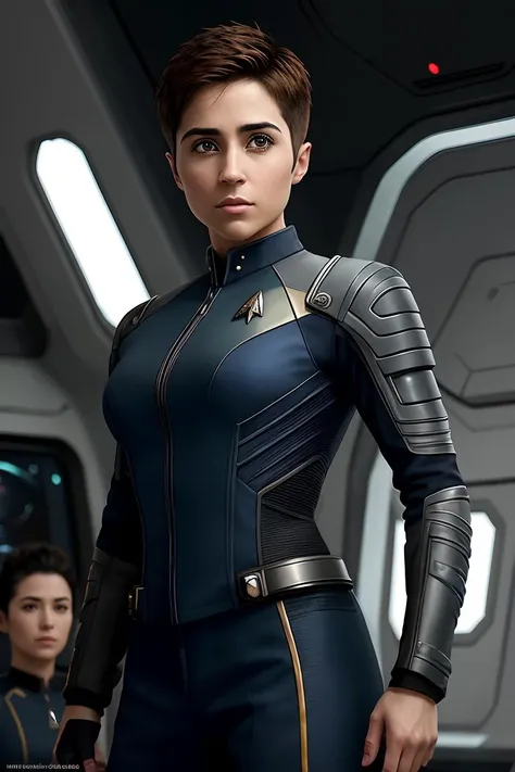 photo of (m3ln4avia:0.99), a woman as a star trek officer, modelshoot style, (extremely detailed CG unity 8k wallpaper), large breasts, photo of the most beautiful artwork in the world, professional majestic oil painting by Ed Blinkey, Atey Ghailan, Studio Ghibli, by Jeremy Mann, Greg Manchess, Antonio Moro, trending on ArtStation, trending on CGSociety, Intricate, High Detail, Sharp focus, dramatic, photorealistic painting art by midjourney and greg rutkowski, (sexy star trek uniform:1.1), (trousers), ((spaceship interior)), (crew members in background), (looking at viewer:1.2), (detailed pupils:1.3), (closeup:1.2), (short pixie hair)