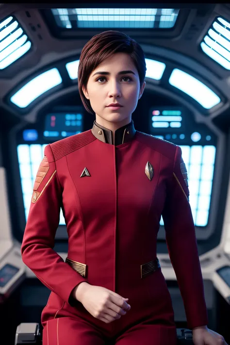 picture of (m3ln4via:0.99), as a star trek officer sitting at on a spaceship cockpit, (black hair), (masterpiece), (best quality), (8k), (HDR), (wallpaper), (cinematic lighting), (sharp focus), (intricate), RAW, analogue, Nikon Z 14mm ultra-wide angle lens, award-winning glamour photograph, ((best quality)), ((masterpiece)), ((realistic)), skin pores, subsurface scattering, radiant light rays, high-res, detailed facial features, high detail, sharp focus, smooth, aesthetic, extremely detailed, (extremely detailed eyes, extremely detailed iris), extremely detailed hair, extremely detailed skin, extremely detailed clothes, octane render, photorealistic, realistic, post-processing, max detail, realistic shadows, roughness, natural skin texture, real life, ultra-realistic, photorealism, photography, UHD, elegant, highly detailed, stunning, beautiful, gorgeous), best quality, full body portrait, center, human,  anatomy, (red star trek uniform), star trek logo on chest,